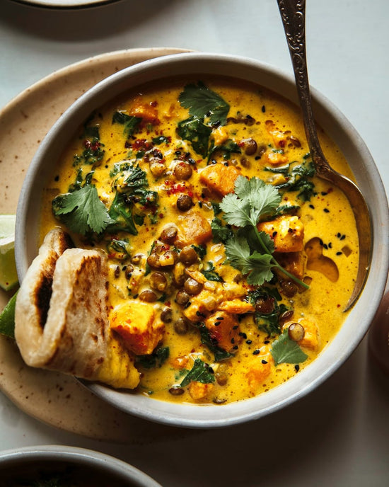 Ginger Sweet Potato and Coconut Milk Stew with Lentils and Kale