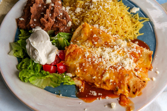 Chicken Enchiladas with Rice and Refried Beans