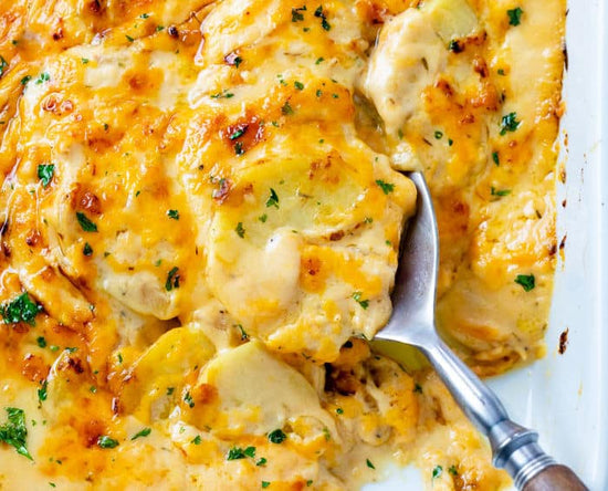 Cheesy scalloped potatoes. Serves 2-4
